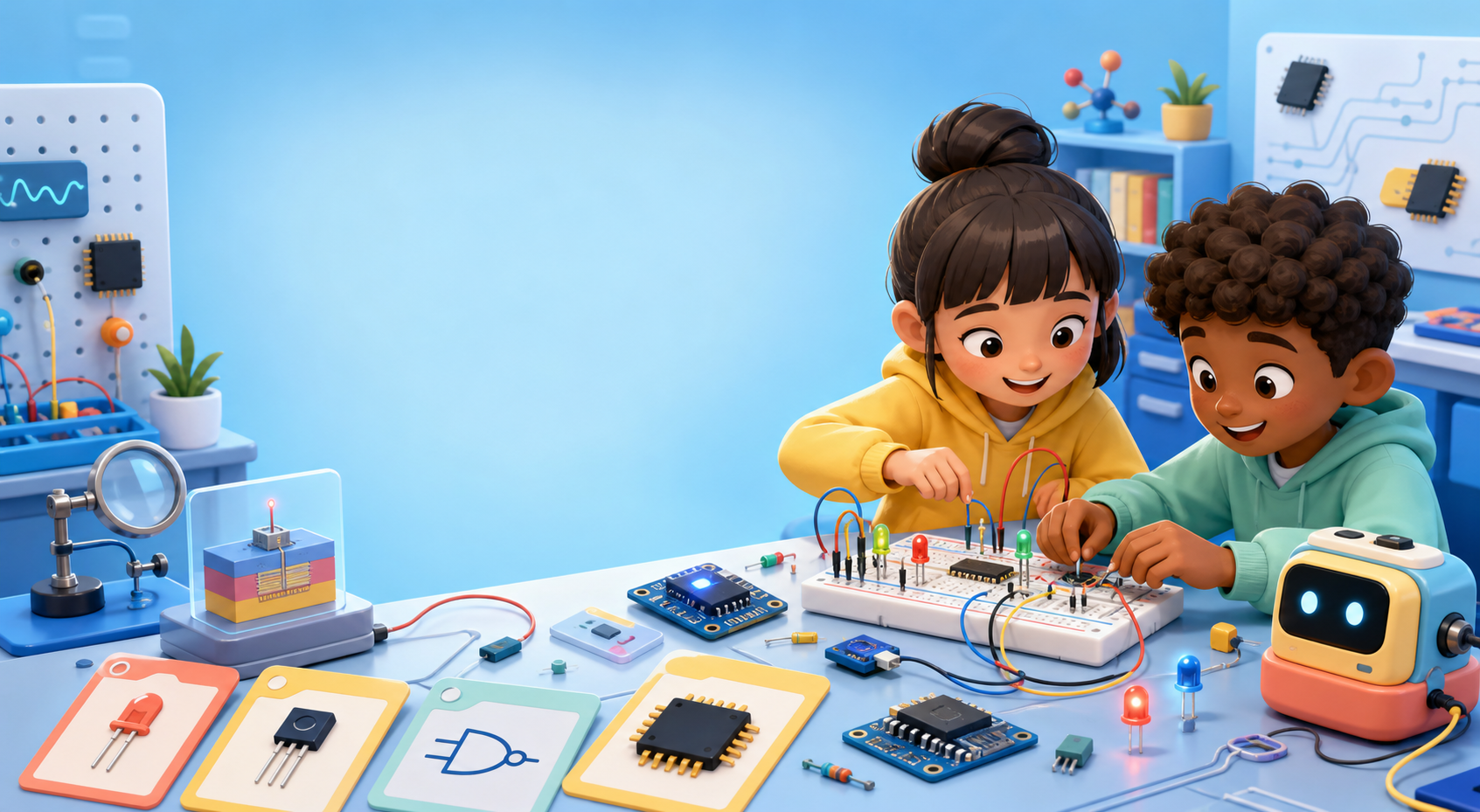 Colorful electronics learning table with circuit boards, LEDs, chips, and learning cards